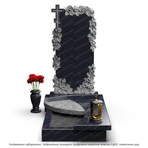 Современный мемориальный комплекс из серого и черного гранита с вертикальным памятником, нишей под портрет, цветником и гранитным подиумом. Индивидуальное изготовление мемориальных комплексов и памятников на могилу под заказ.