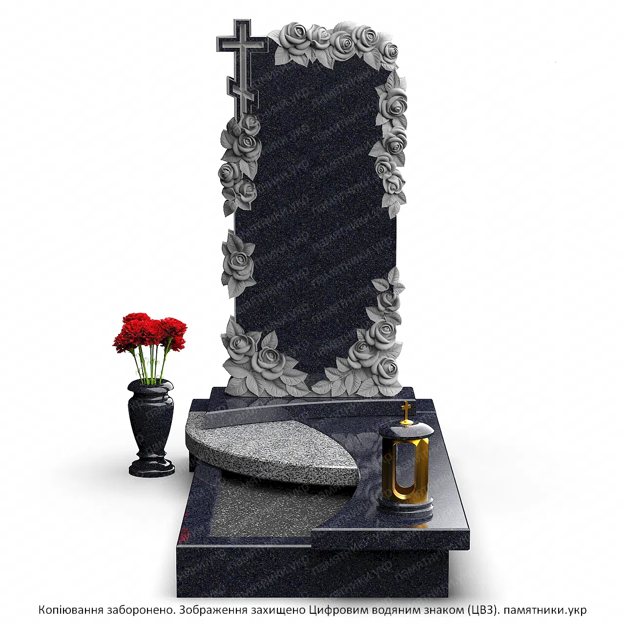 Современный мемориальный комплекс из серого и черного гранита с вертикальным памятником, нишей под портрет, цветником и гранитным подиумом. Индивидуальное изготовление мемориальных комплексов и памятников на могилу под заказ.