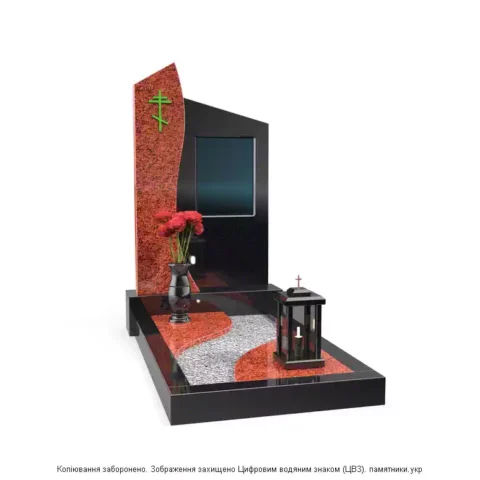 Памятник, памятники с фото стеклом, комбинированный памятник, памятник с красным и черным гранитом, квадратная лампада, квадратный подсвечник