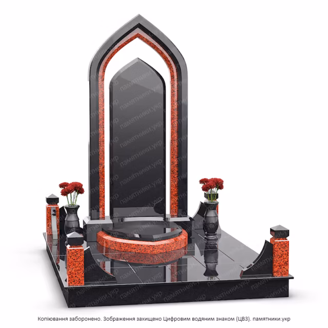 Комбинированный памятник из черного и красного гранита в форме арки с высокой стелой, угловыми столбиками и гранитными вазами.
