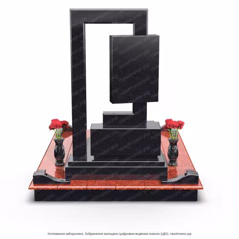 Памятник в современном стиле с прямоугольной аркой из черного полированного камня.