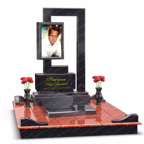 Гранитный памятник на могилу с портретом, вертикальная стела из красного гранита