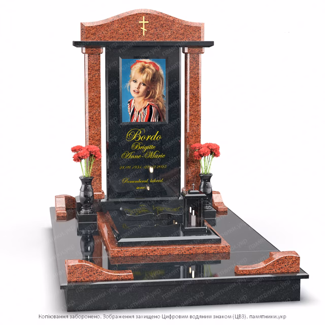 Эксклюзивный памятник из красного и черного полированного камня с величественной аркой на колоннах, увенчанный крестом и дополненный декоративной книгой на основании.