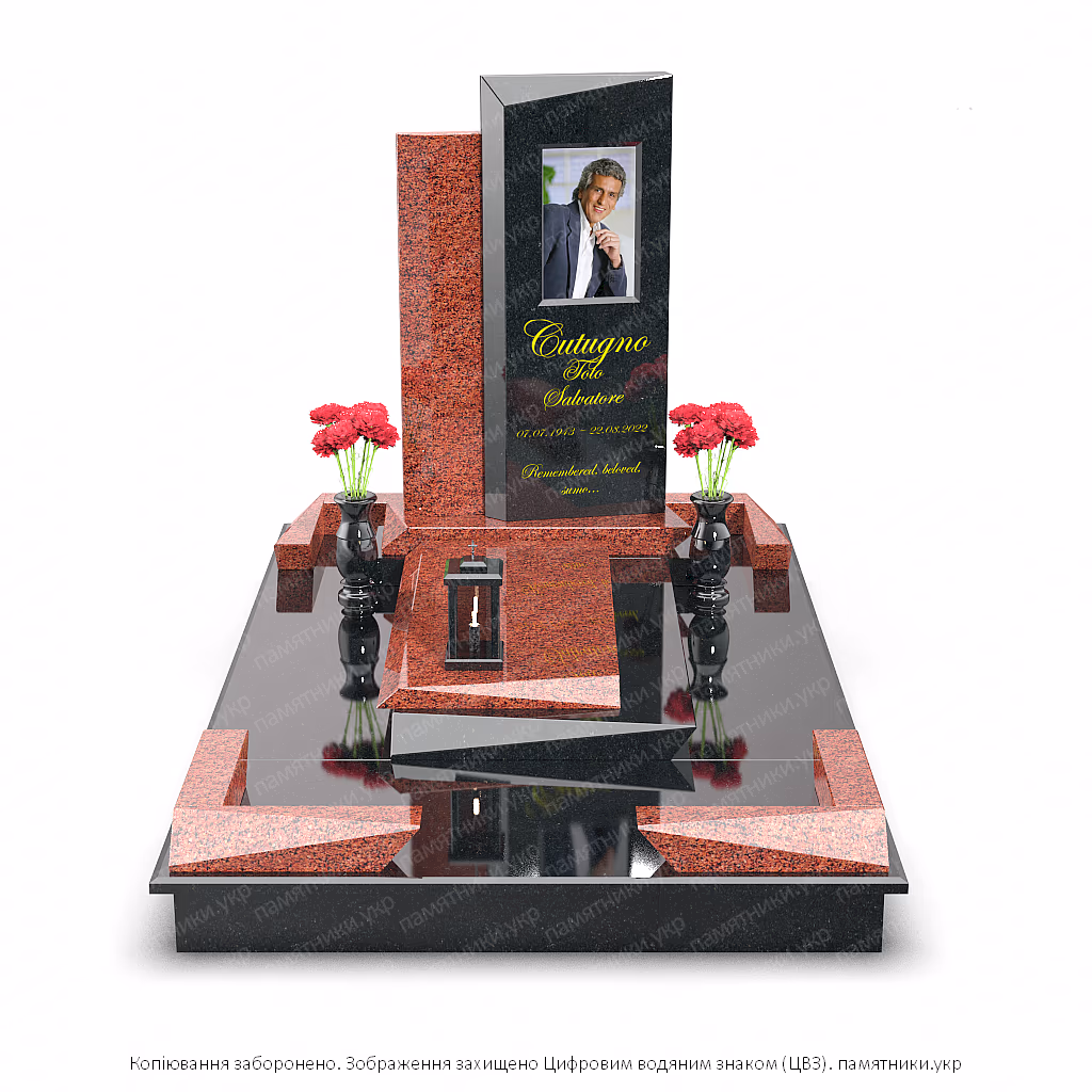 Современный асимметричный памятник L114 из комбинированного гранита с геометрическими формами, вазами и лампадой.