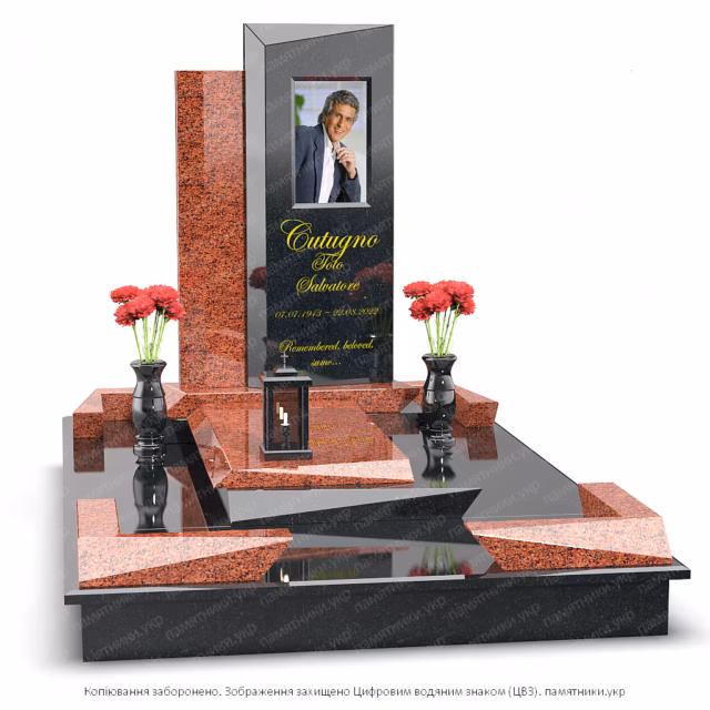 Современный асимметричный памятник L114 из комбинированного гранита с геометрическими формами, вазами и лампадой.