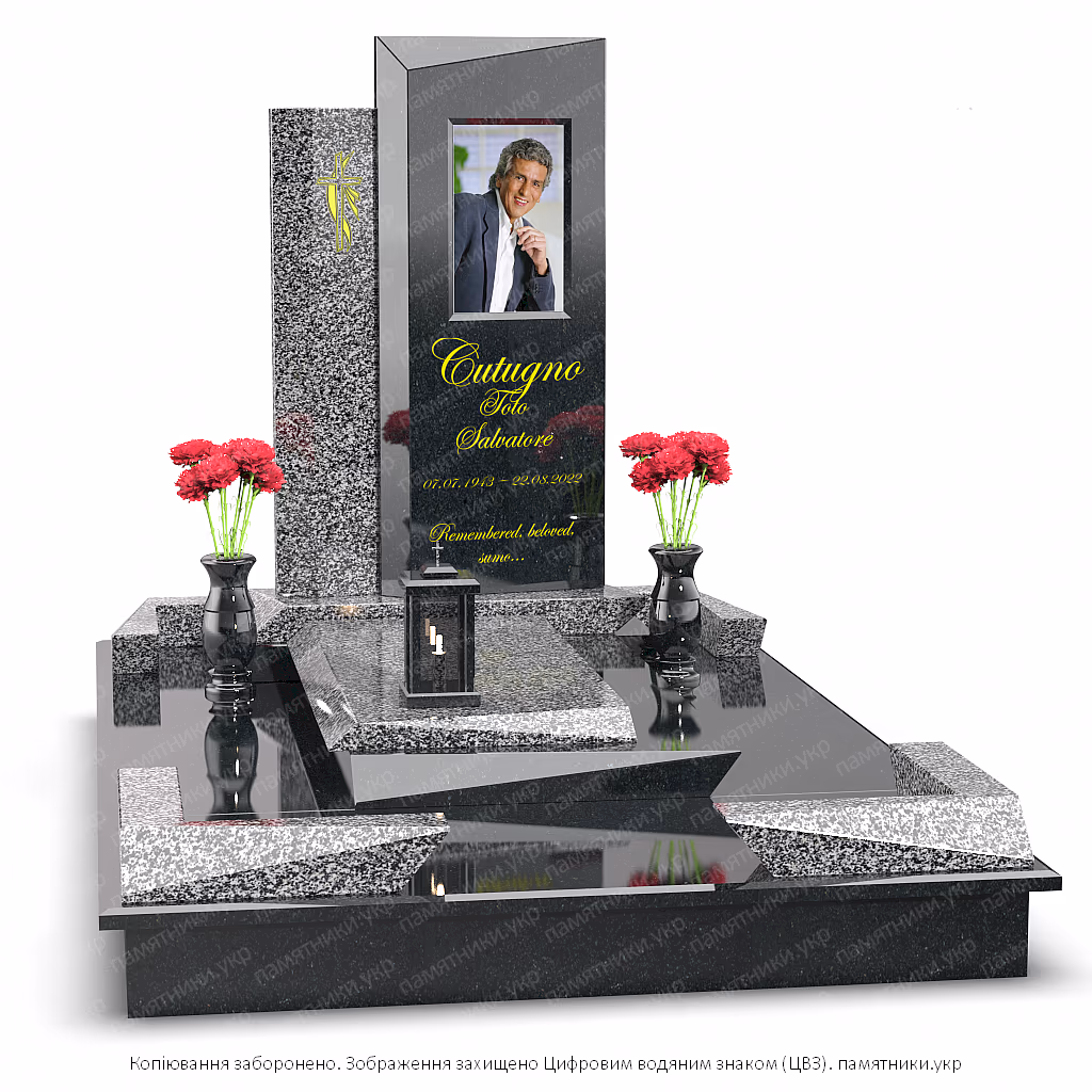 Современный асимметричный памятник L114 из комбинированного гранита с геометрическими формами, вазами и лампадой.