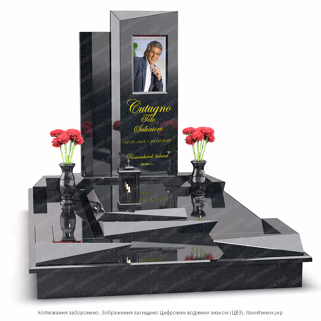 Современный асимметричный памятник L114 из комбинированного гранита с геометрическими формами, вазами и лампадой.