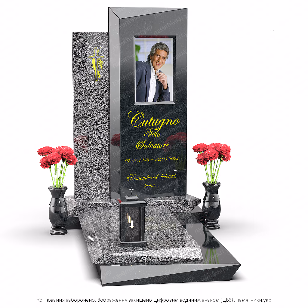 Современный асимметричный памятник L114 из комбинированного гранита с геометрическими формами, вазами и лампадой.