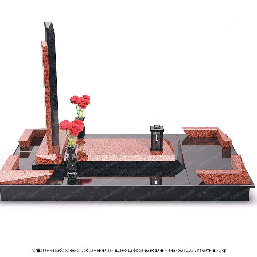 Современный асимметричный памятник L114 из комбинированного гранита с геометрическими формами, вазами и лампадой.