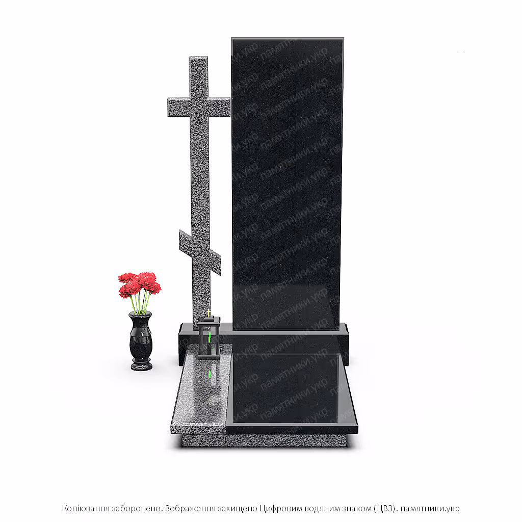 Надгробок з восьмикінцевим хрестом, поєднання сірого та чорного полірованого каменю.