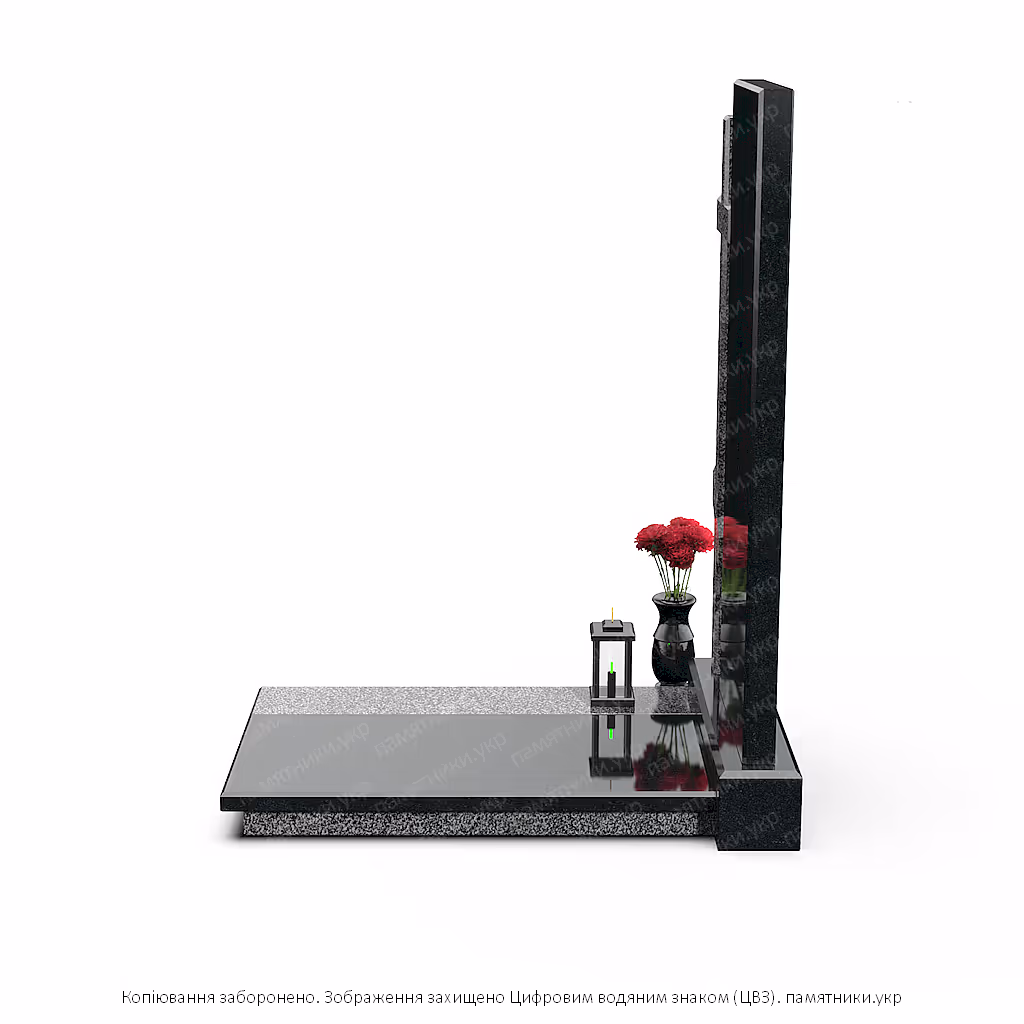 Надгробок з восьмикінцевим хрестом, поєднання сірого та чорного полірованого каменю.