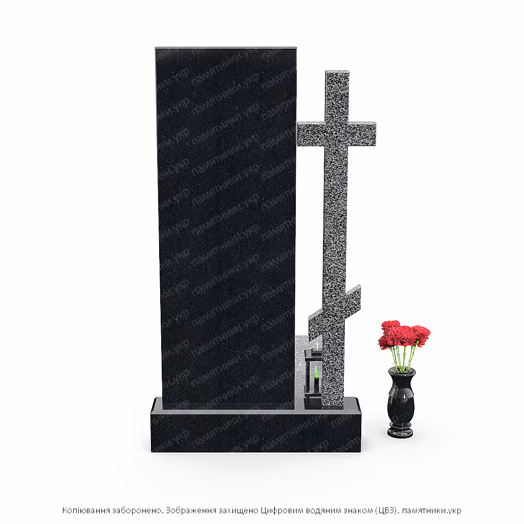 Надгробок з восьмикінцевим хрестом, поєднання сірого та чорного полірованого каменю.