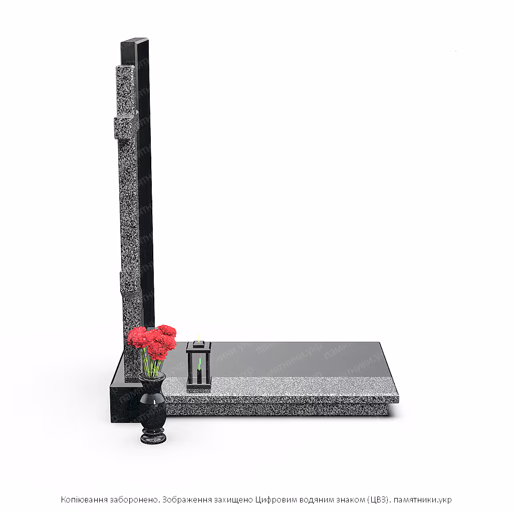 Надгробок з восьмикінцевим хрестом, поєднання сірого та чорного полірованого каменю.
