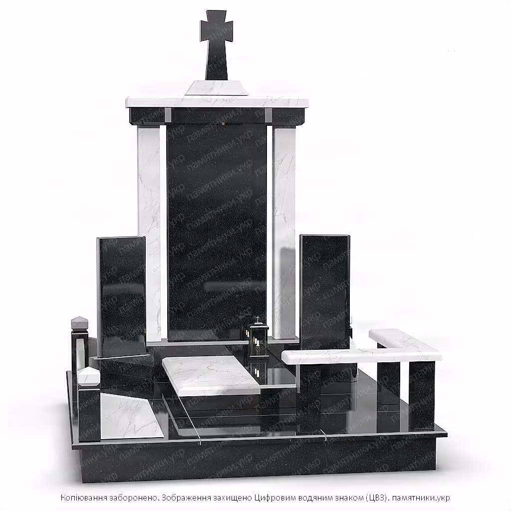 Эксклюзивный мемориальный комплекс L115.2: высокая черная стела с колоннами из белого мрамора, крестом на вершине, лавочкой и декоративной оградой.