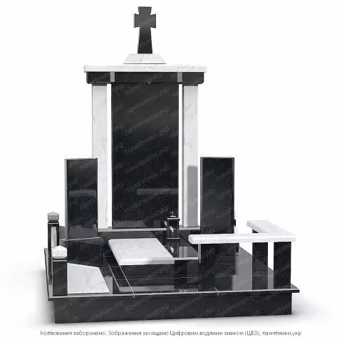 Эксклюзивный мемориальный комплекс L115.2: высокая черная стела с колоннами из белого мрамора, крестом на вершине, лавочкой и декоративной оградой.