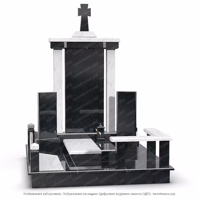 Эксклюзивный мемориальный комплекс L115.2: высокая черная стела с колоннами из белого мрамора, крестом на вершине, лавочкой и декоративной оградой.