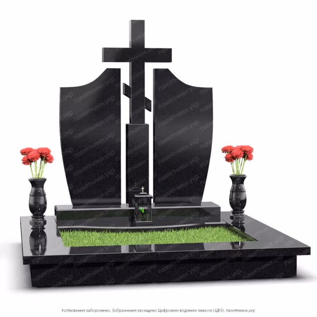 Двойной памятник на могилу из черного и серого гранита. Фото готового семейного гранитного памятника, изготовление под заказ.