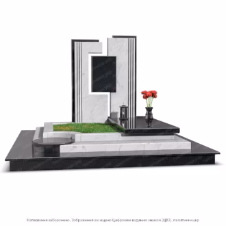  Современный мемориальный комплекс из серого и черного гранита с вертикальным памятником, нишей под портрет, цветником и гранитным подиумом. Индивидуальное изготовление мемориальных комплексов и памятников на могилу под заказ.