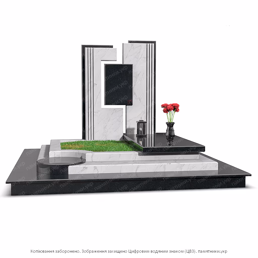 Современный мемориальный комплекс из серого и черного гранита с вертикальным памятником, нишей под портрет, цветником и гранитным подиумом. Индивидуальное изготовление мемориальных комплексов и памятников на могилу под заказ.