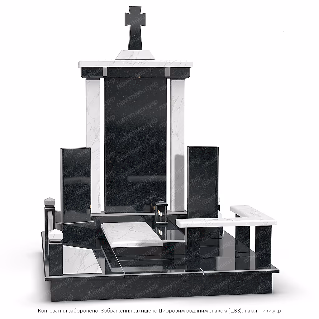 Эксклюзивный мемориальный комплекс L115.2: высокая черная стела с колоннами из белого мрамора, крестом на вершине, лавочкой и декоративной оградой.